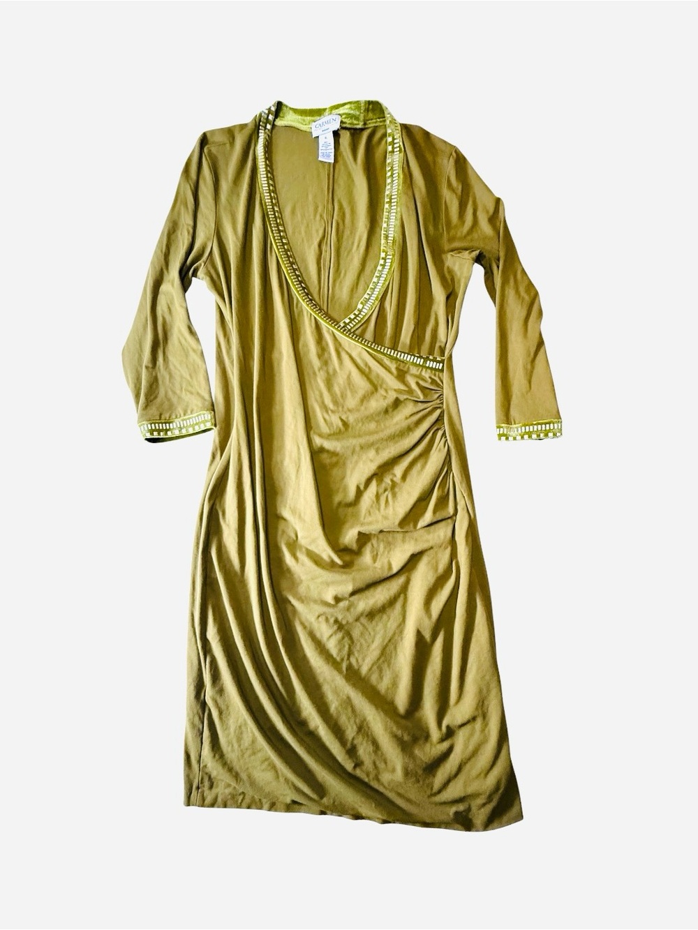 Carmen Marc Valvo Olive Green Faux Wrap V Neck Ruched Dress XL Long Sleeve